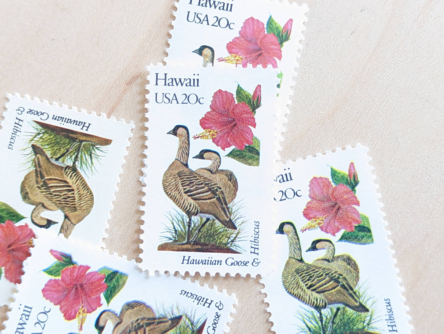 Hawaii State Stamp, Set of 5, Vintage Unused USPS 20 Cent Postage Stamps, State Bird and Flower, 1982, Gummed
