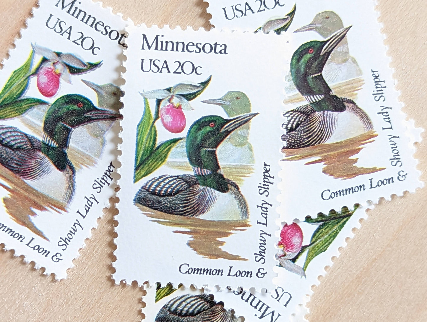 Minnesota State Stamp, Set of 5, Vintage Unused USPS 20 Cent Postage Stamps, State Bird and Flower, 1982, Gummed