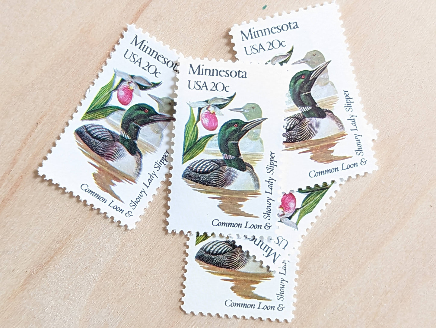 Minnesota State Stamp, Set of 5, Vintage Unused USPS 20 Cent Postage Stamps, State Bird and Flower, 1982, Gummed