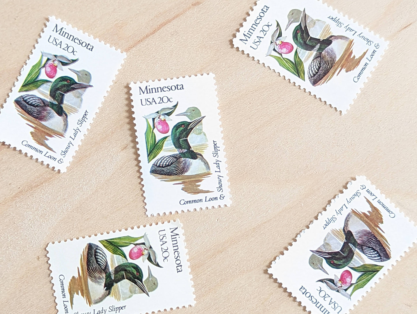 Minnesota State Stamp, Set of 5, Vintage Unused USPS 20 Cent Postage Stamps, State Bird and Flower, 1982, Gummed