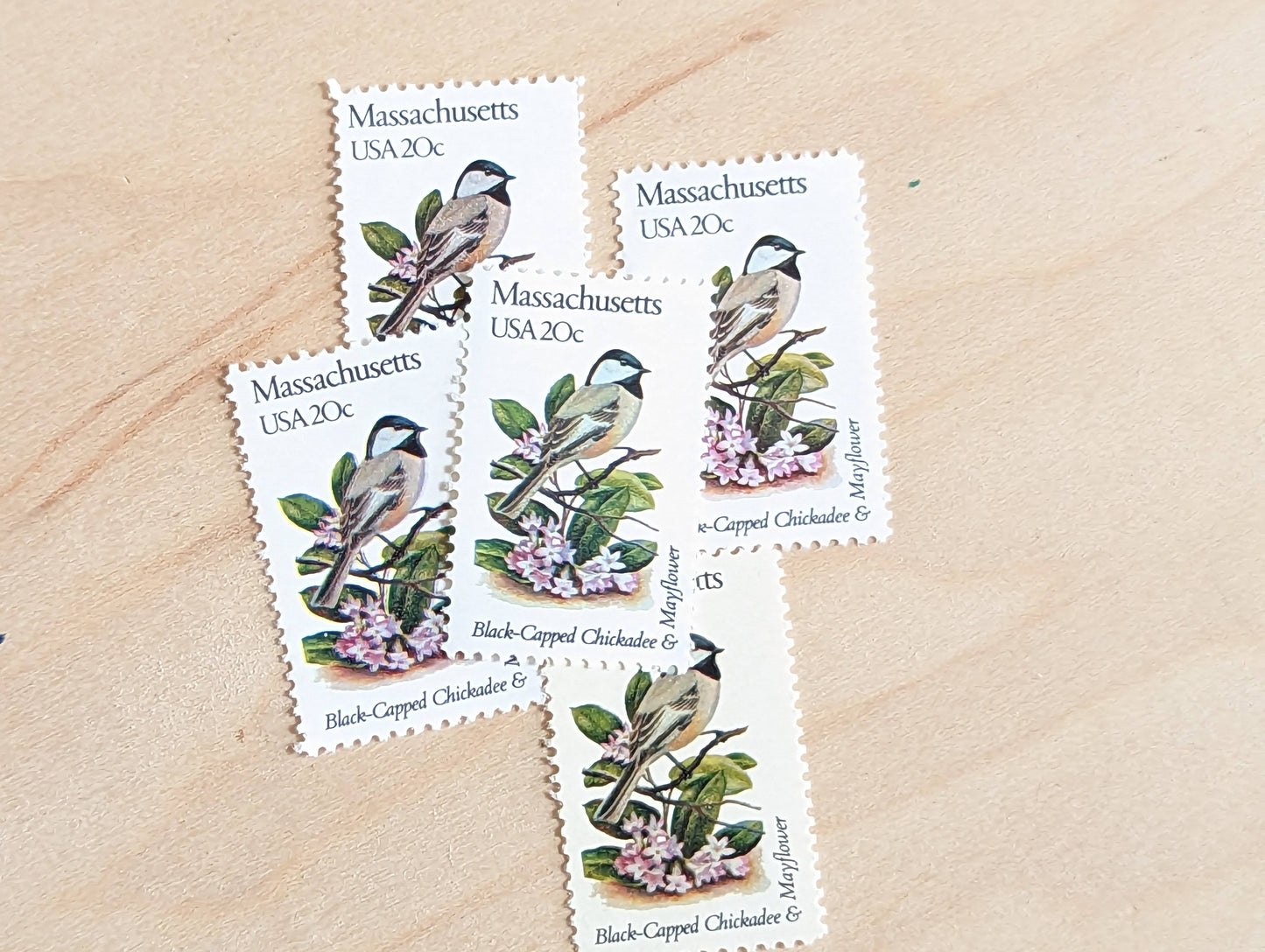 Massachusetts State Stamp, Set of 5, Vintage Unused USPS 20 Cent Postage Stamps, State Bird and Flower, 1982, Gummed