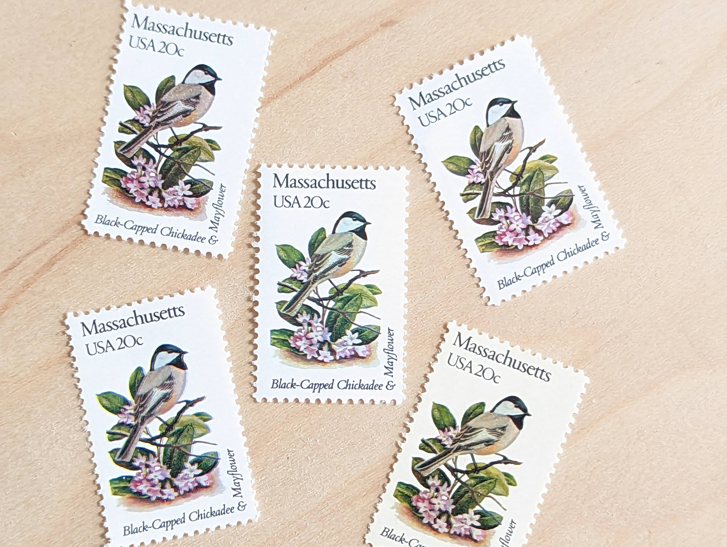 Massachusetts State Stamp, Set of 5, Vintage Unused USPS 20 Cent Postage Stamps, State Bird and Flower, 1982, Gummed