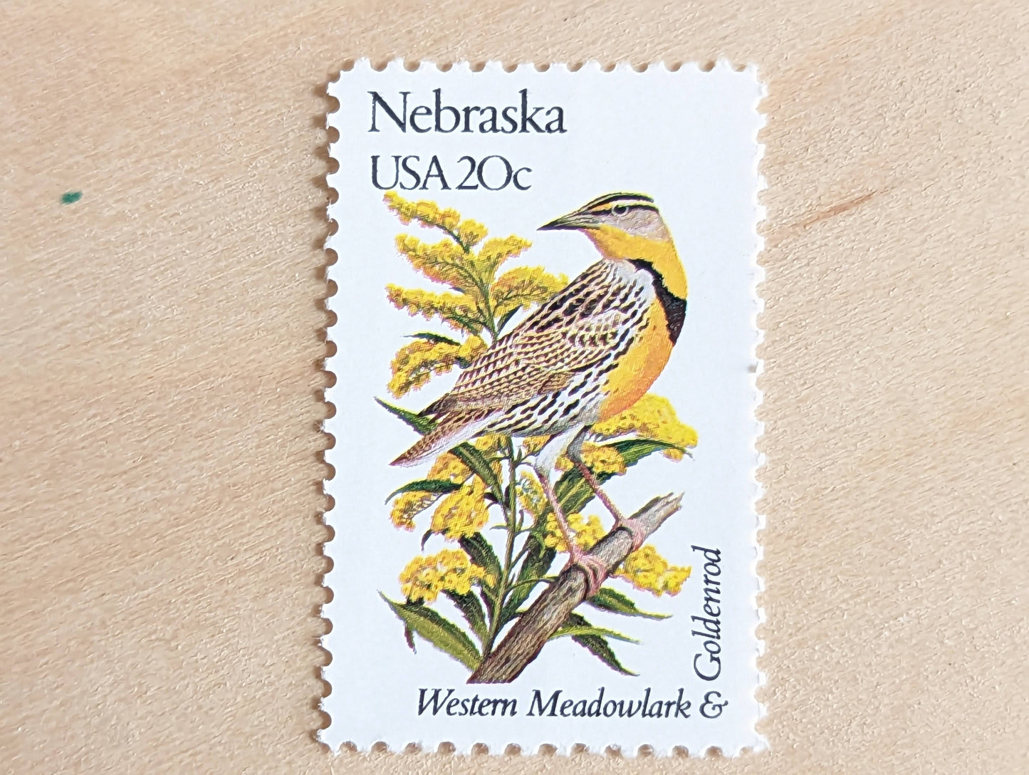 Nebraska State Stamp, Set of 5, Vintage Unused USPS 20 Cent Postage Stamps, State Bird and Flower, 1982, Gummed
