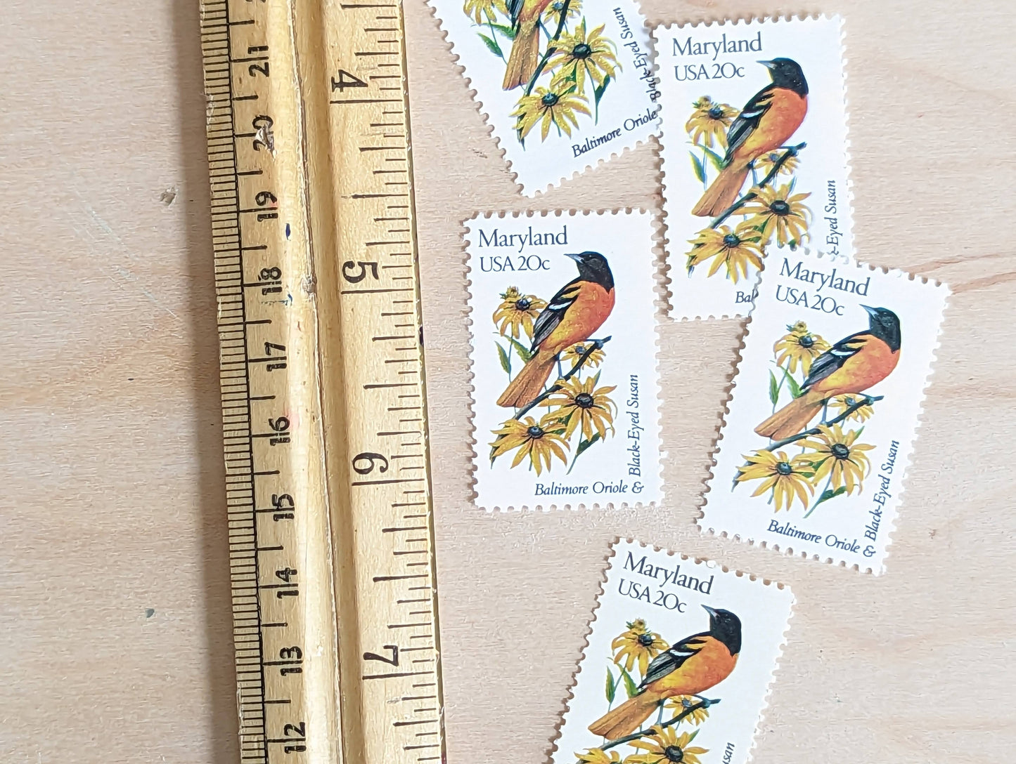 Maryland State Stamp, Set of 5, Vintage Unused USPS 20 Cent Postage Stamps, State Bird and Flower, 1982, Gummed