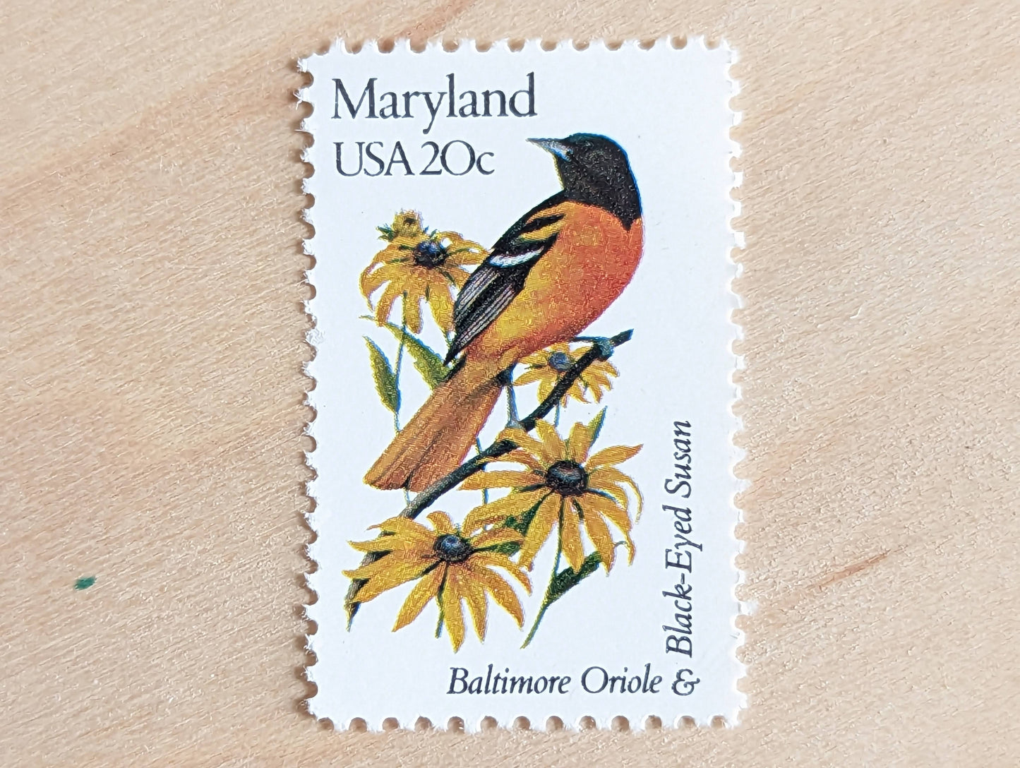 Maryland State Stamp, Set of 5, Vintage Unused USPS 20 Cent Postage Stamps, State Bird and Flower, 1982, Gummed