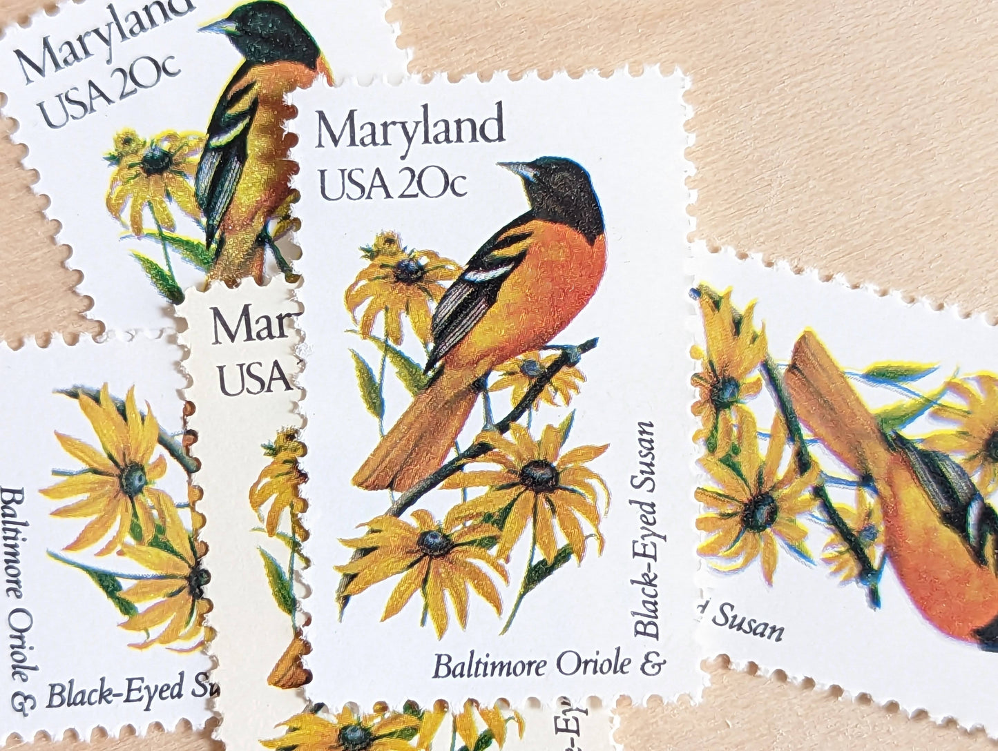 Maryland State Stamp, Set of 5, Vintage Unused USPS 20 Cent Postage Stamps, State Bird and Flower, 1982, Gummed