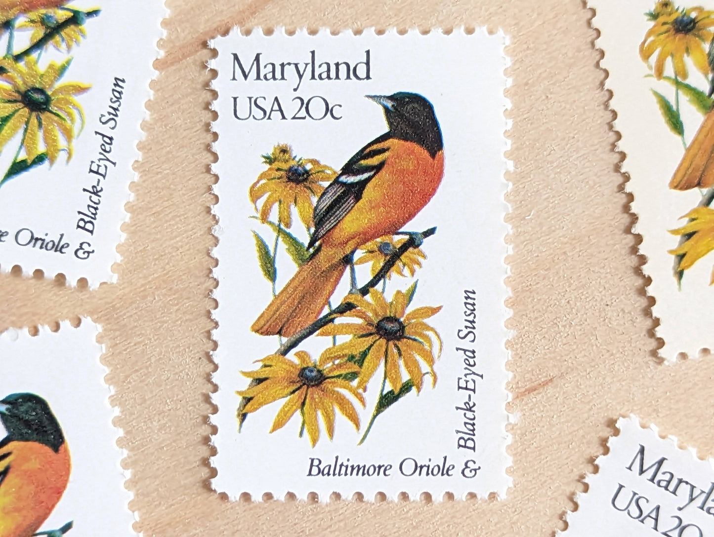 Maryland State Stamp, Set of 5, Vintage Unused USPS 20 Cent Postage Stamps, State Bird and Flower, 1982, Gummed
