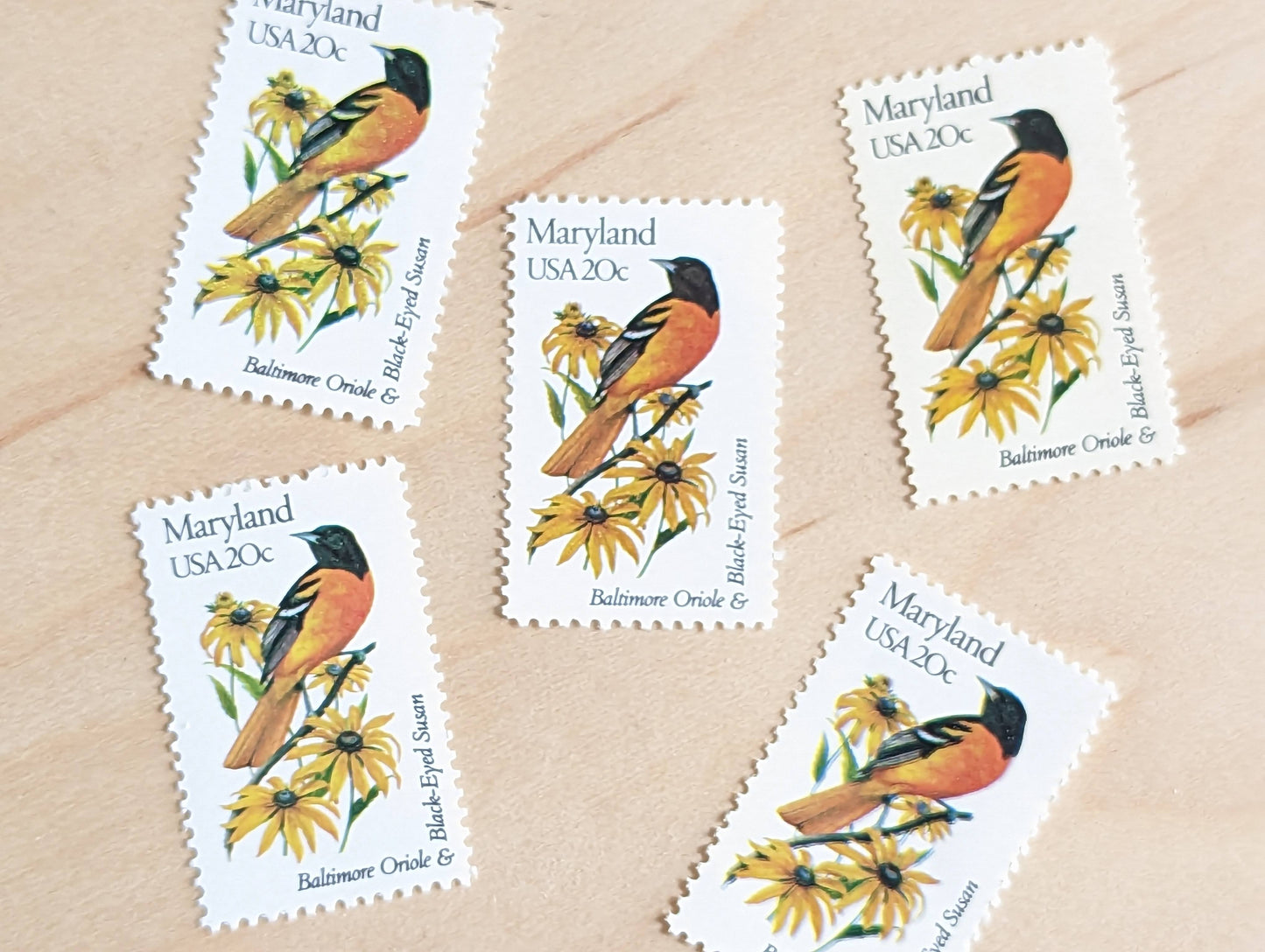 Maryland State Stamp, Set of 5, Vintage Unused USPS 20 Cent Postage Stamps, State Bird and Flower, 1982, Gummed