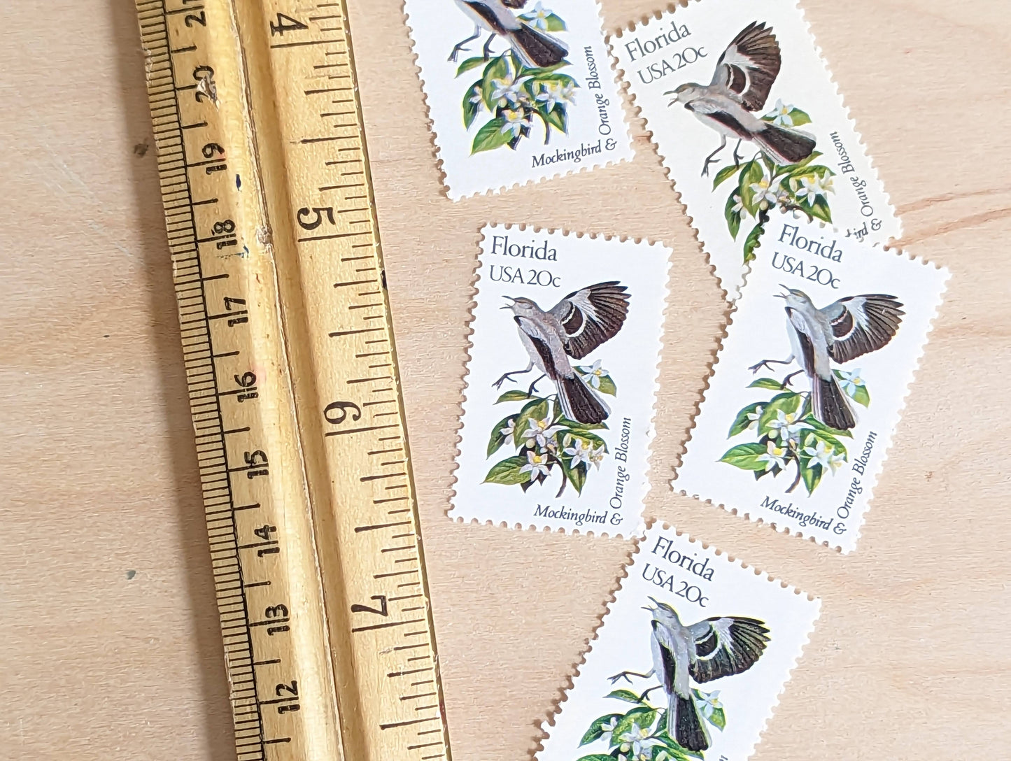 Florida State Stamp, Set of 5, Vintage Unused USPS 20 Cent Postage Stamps, State Bird and Flower, 1982, Gummed