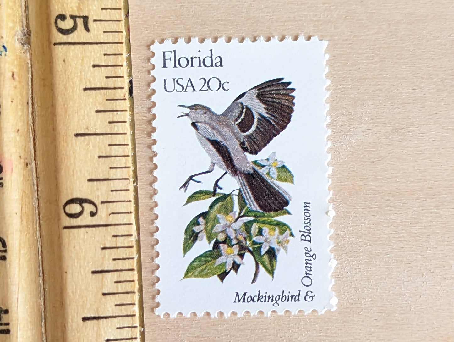 Florida State Stamp, Set of 5, Vintage Unused USPS 20 Cent Postage Stamps, State Bird and Flower, 1982, Gummed