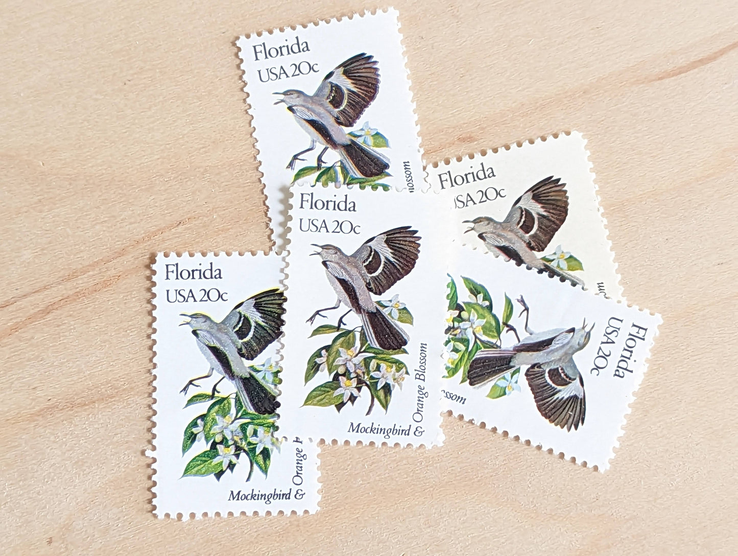 Florida State Stamp, Set of 5, Vintage Unused USPS 20 Cent Postage Stamps, State Bird and Flower, 1982, Gummed