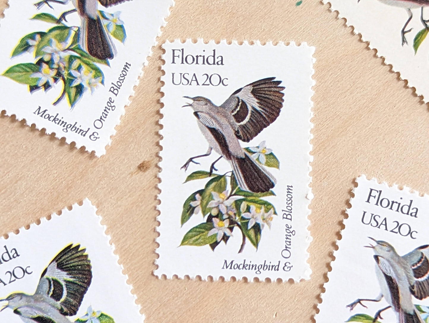 Florida State Stamp, Set of 5, Vintage Unused USPS 20 Cent Postage Stamps, State Bird and Flower, 1982, Gummed