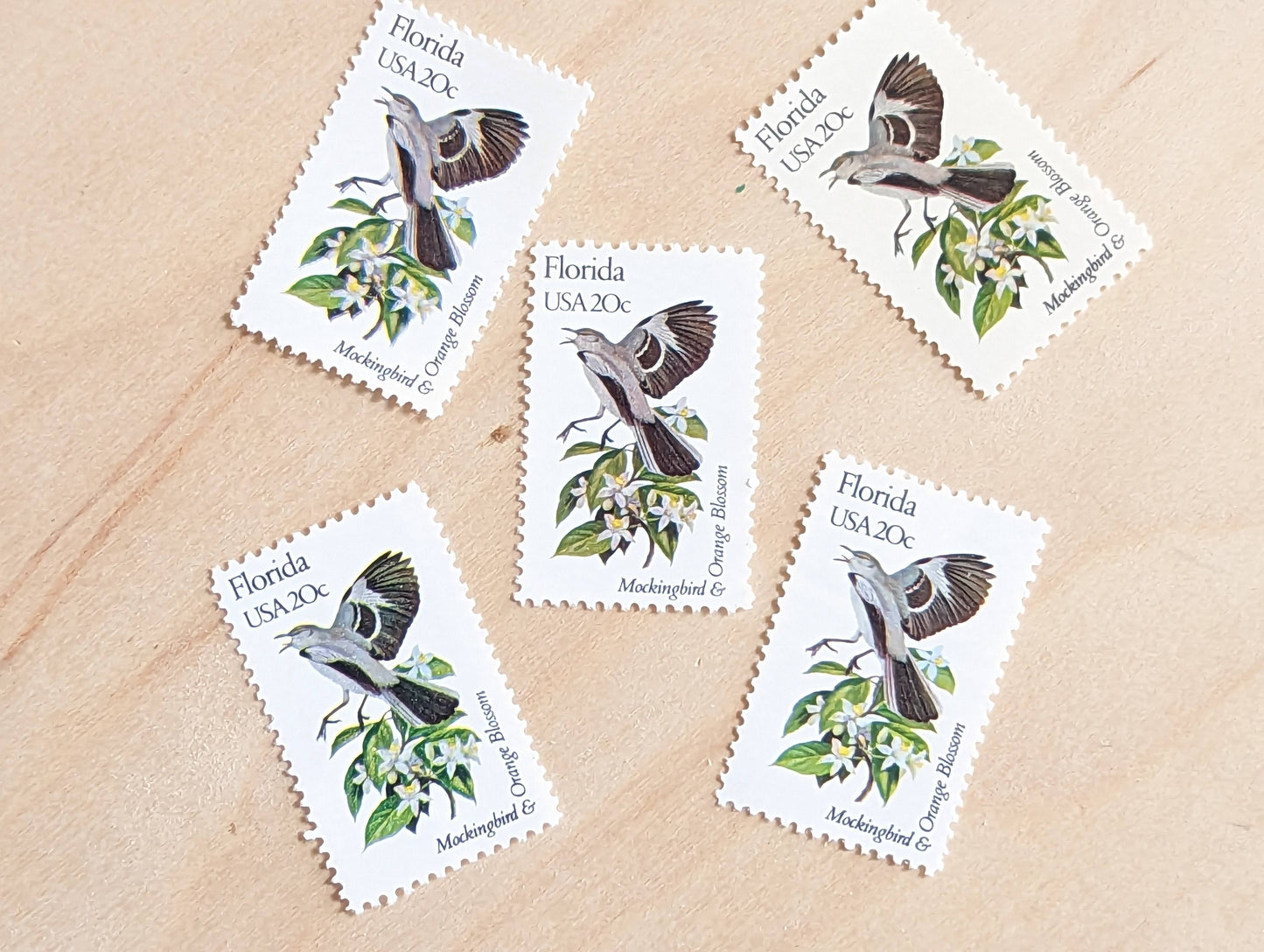 Florida State Stamp, Set of 5, Vintage Unused USPS 20 Cent Postage Stamps, State Bird and Flower, 1982, Gummed