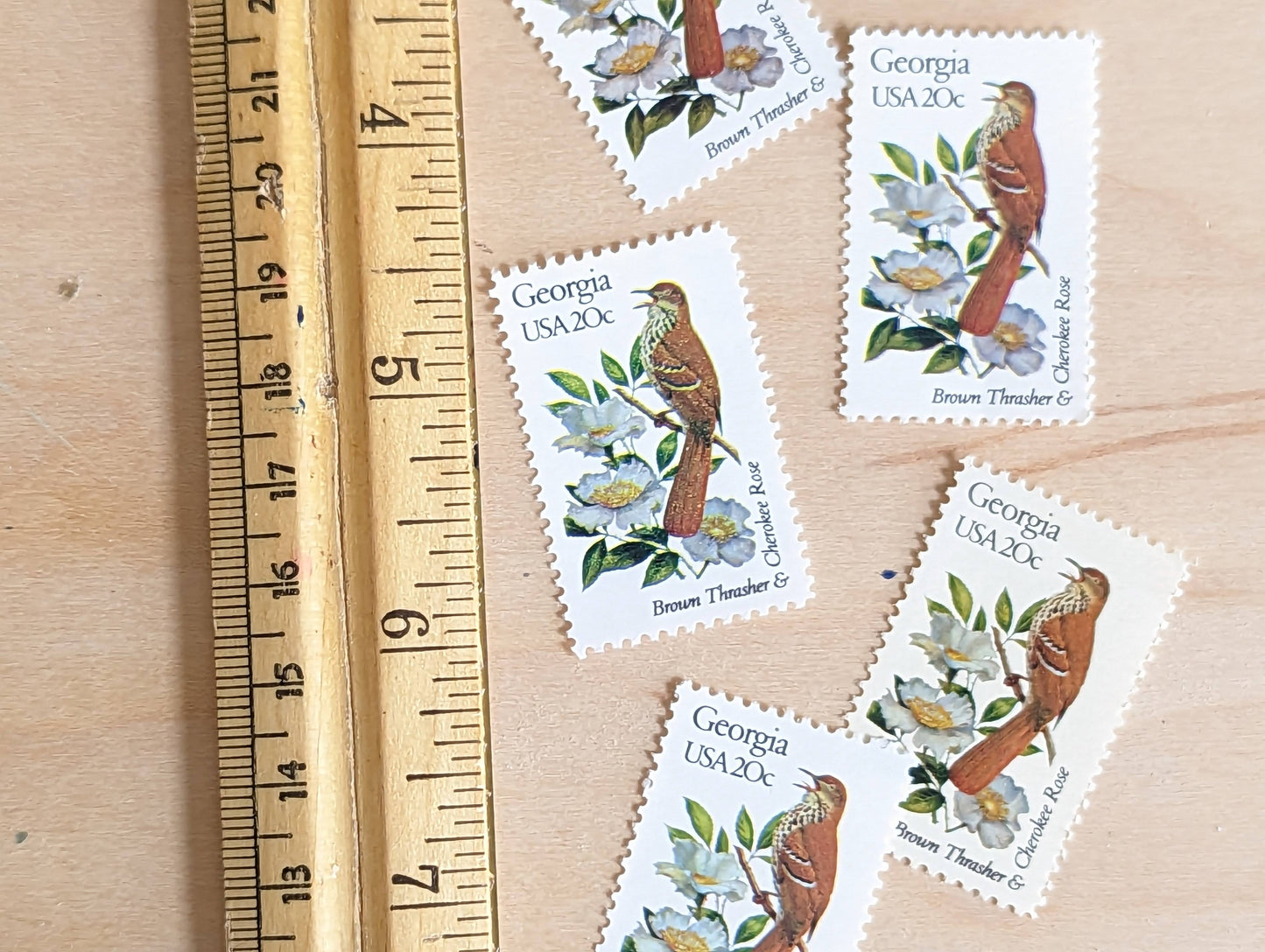 Georgia State Stamp, Set of 5, Vintage Unused USPS 20 Cent Postage Stamps, State Bird and Flower, 1982, Gummed