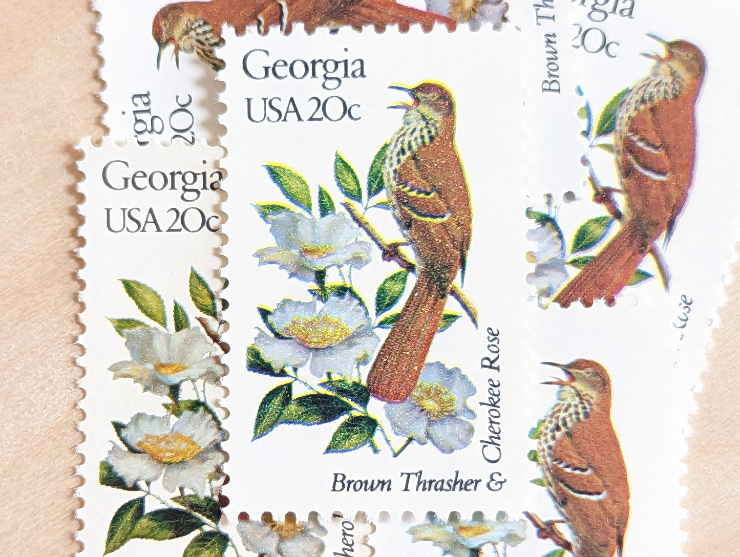 Georgia State Stamp, Set of 5, Vintage Unused USPS 20 Cent Postage Stamps, State Bird and Flower, 1982, Gummed
