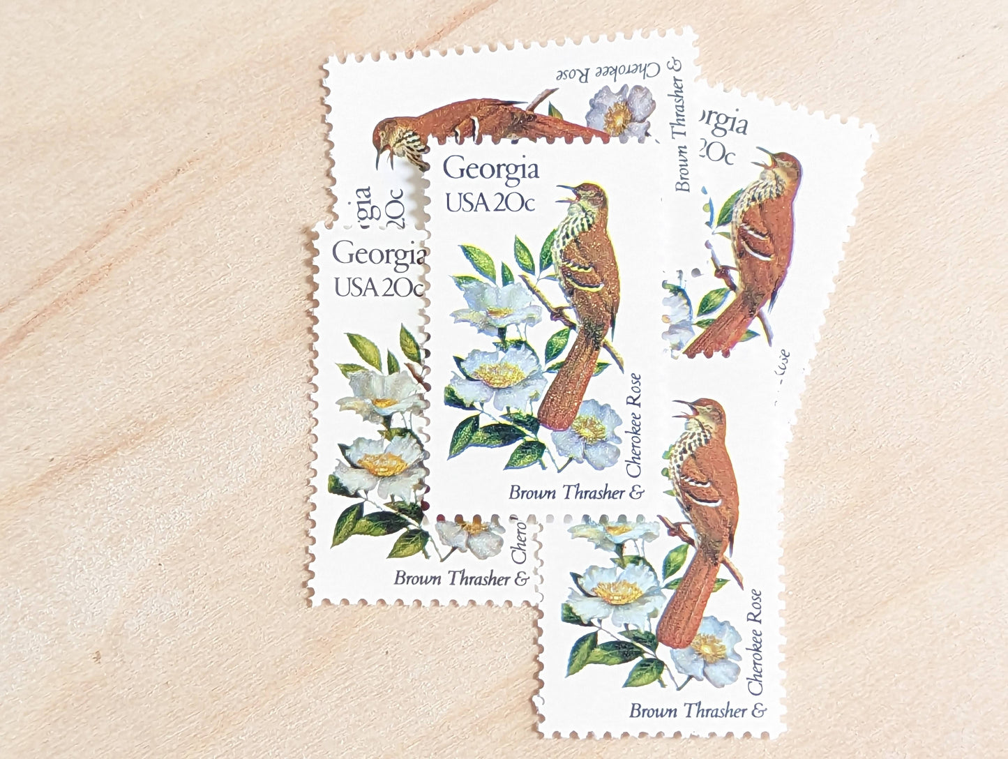Georgia State Stamp, Set of 5, Vintage Unused USPS 20 Cent Postage Stamps, State Bird and Flower, 1982, Gummed