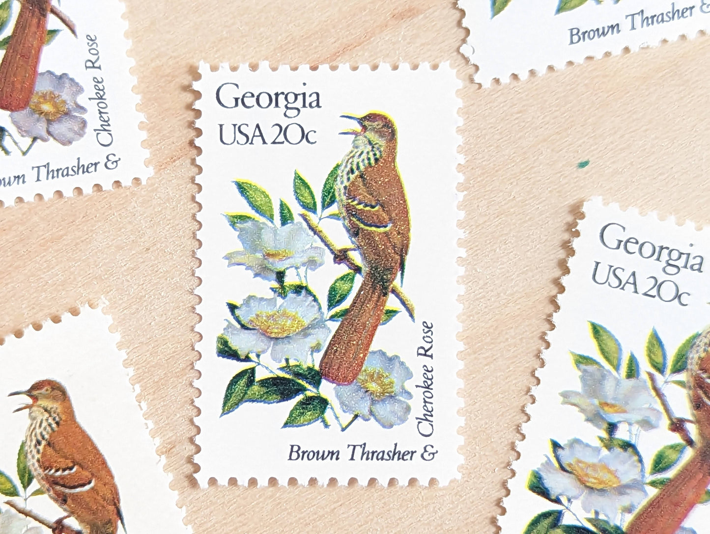 Georgia State Stamp, Set of 5, Vintage Unused USPS 20 Cent Postage Stamps, State Bird and Flower, 1982, Gummed