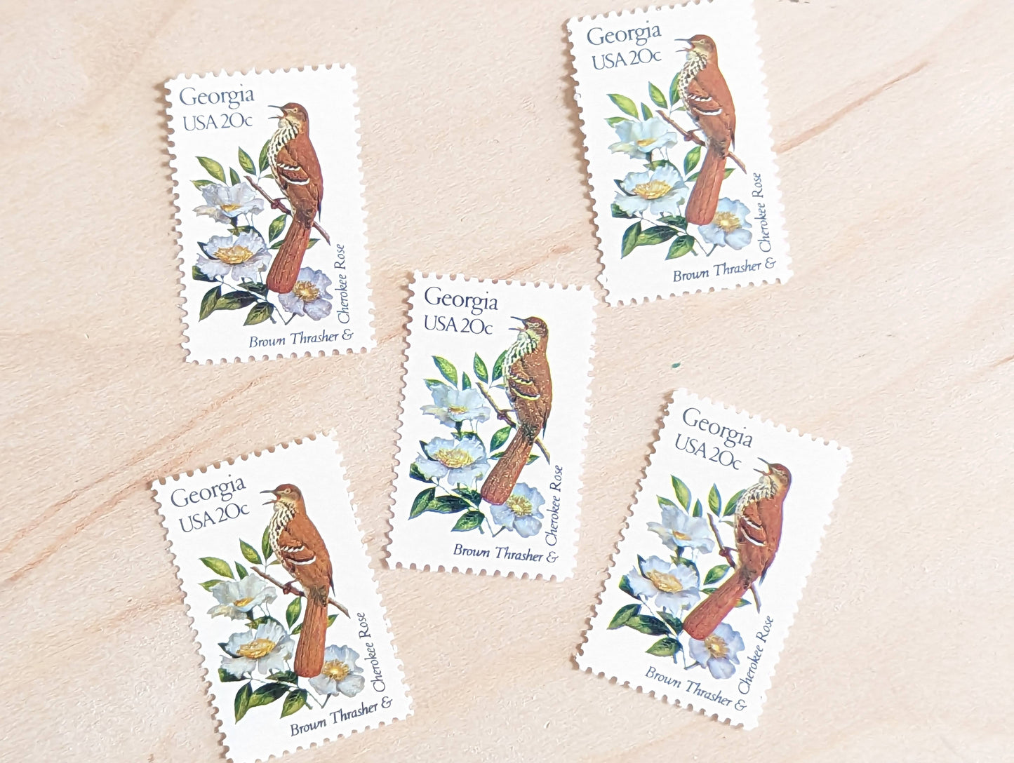 Georgia State Stamp, Set of 5, Vintage Unused USPS 20 Cent Postage Stamps, State Bird and Flower, 1982, Gummed