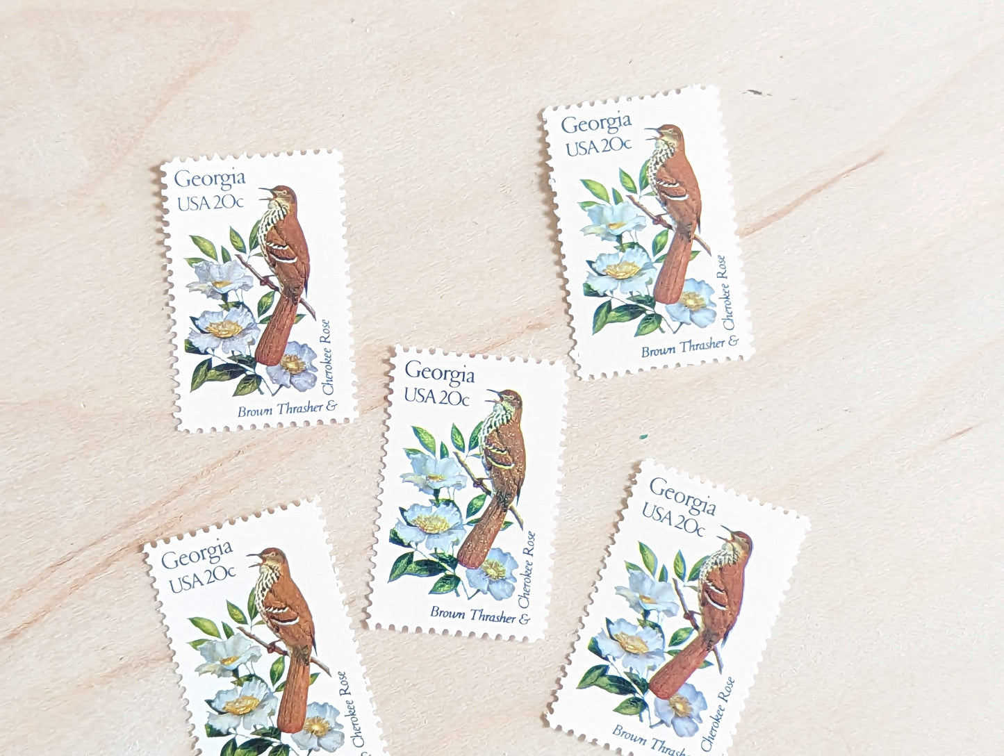 Georgia State Stamp, Set of 5, Vintage Unused USPS 20 Cent Postage Stamps, State Bird and Flower, 1982, Gummed