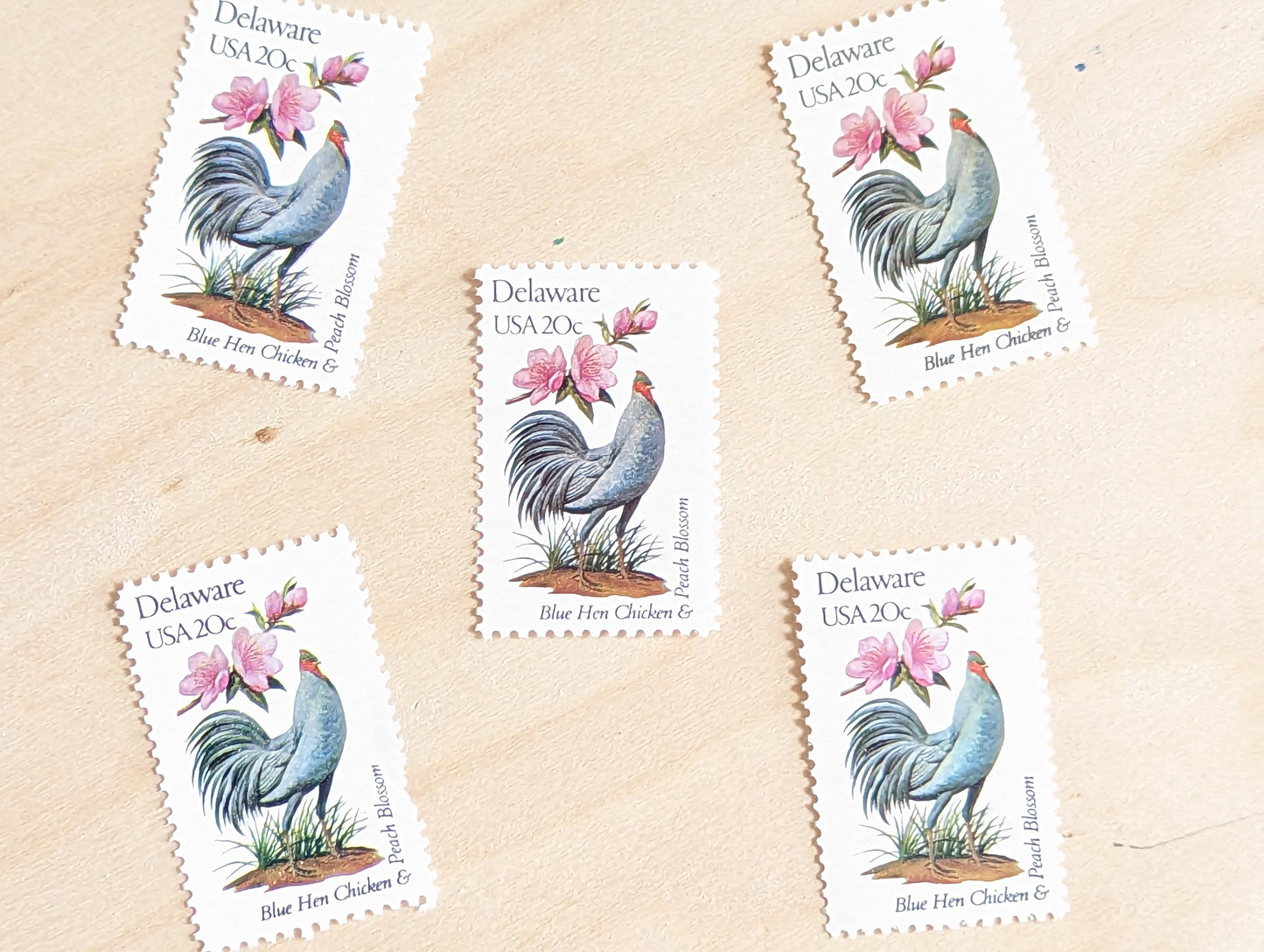 Delaware State Stamp, Set of 5, Vintage Unused USPS 20 Cent Postage Stamps, State Bird and Flower, 1982, Gummed