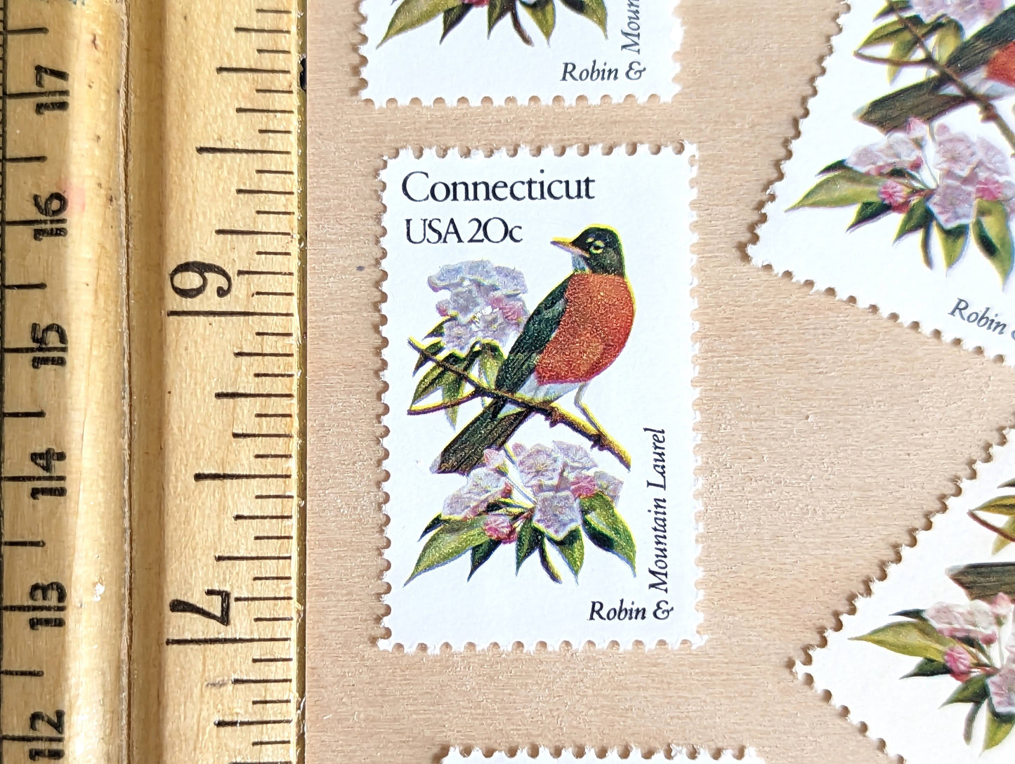 Connecticut State Stamp, Set of 5, Vintage Unused USPS 20 Cent Postage Stamps, State Bird and Flower, 1982, Gummed