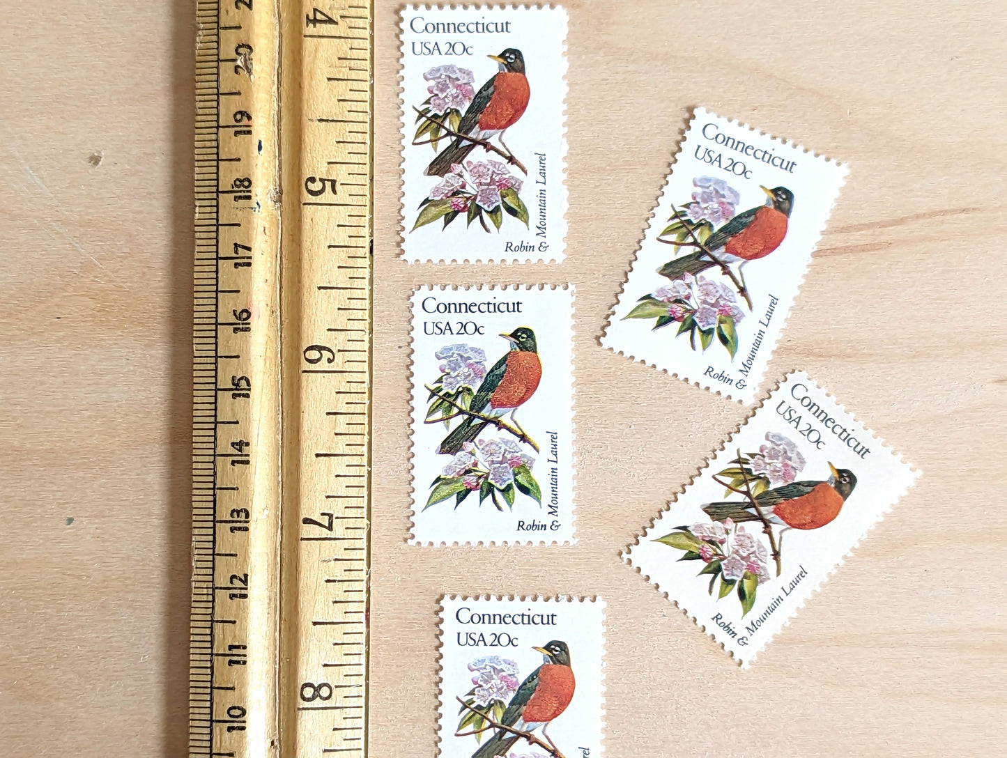 Connecticut State Stamp, Set of 5, Vintage Unused USPS 20 Cent Postage Stamps, State Bird and Flower, 1982, Gummed