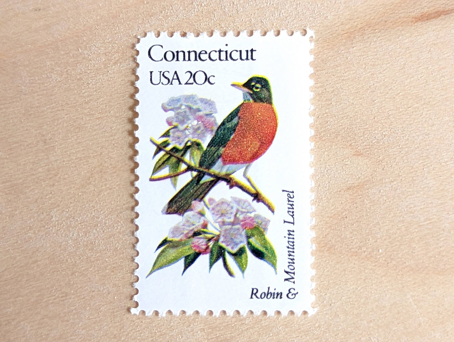 Connecticut State Stamp, Set of 5, Vintage Unused USPS 20 Cent Postage Stamps, State Bird and Flower, 1982, Gummed