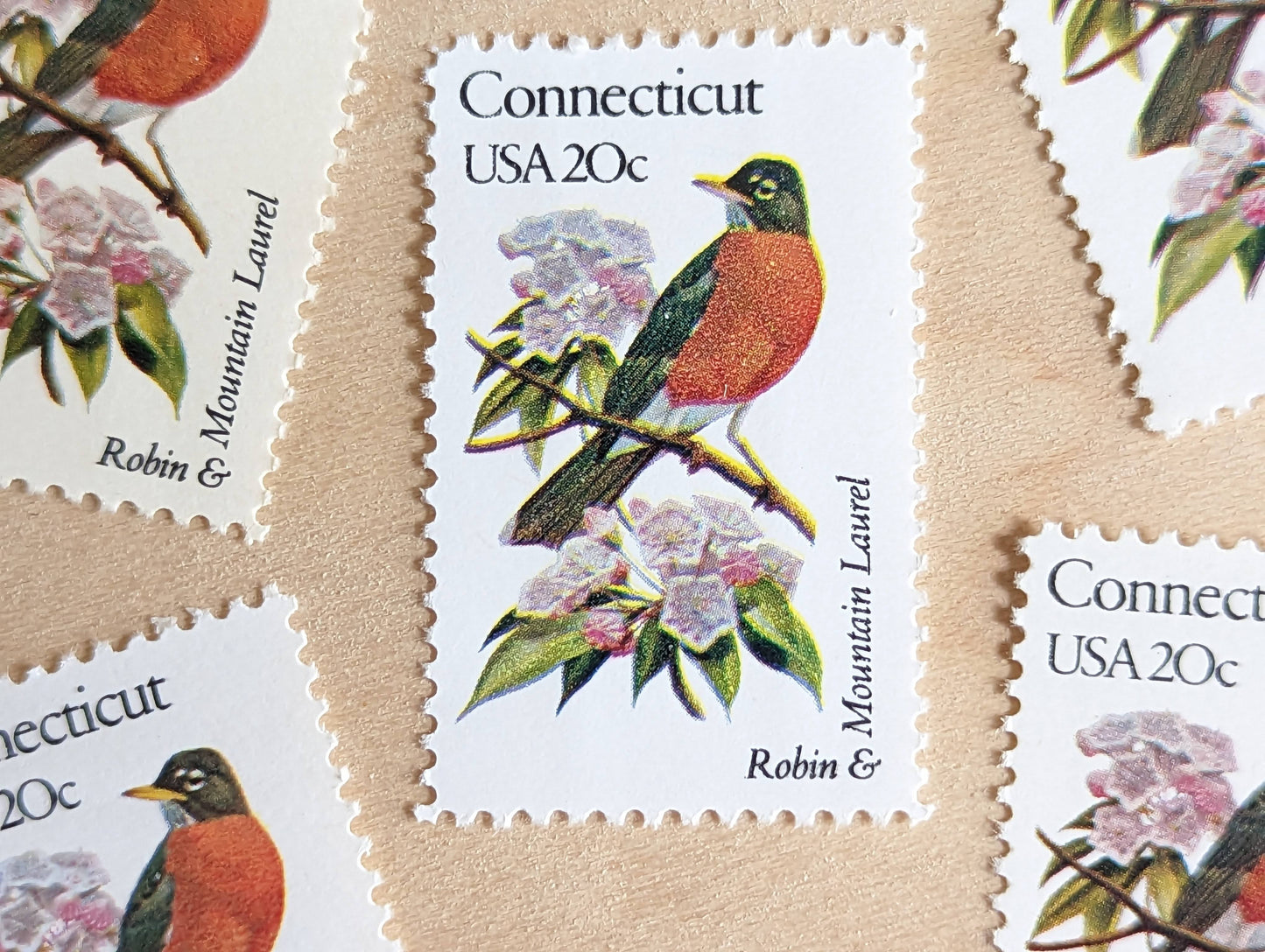 Connecticut State Stamp, Set of 5, Vintage Unused USPS 20 Cent Postage Stamps, State Bird and Flower, 1982, Gummed