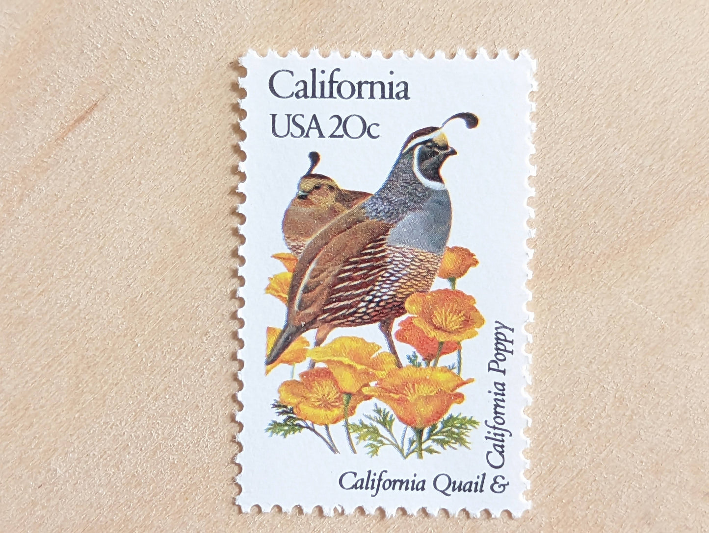 California State Stamp, Set of 5, Vintage Unused USPS 20 Cent Postage Stamps, State Bird and Flower, 1982, Gummed