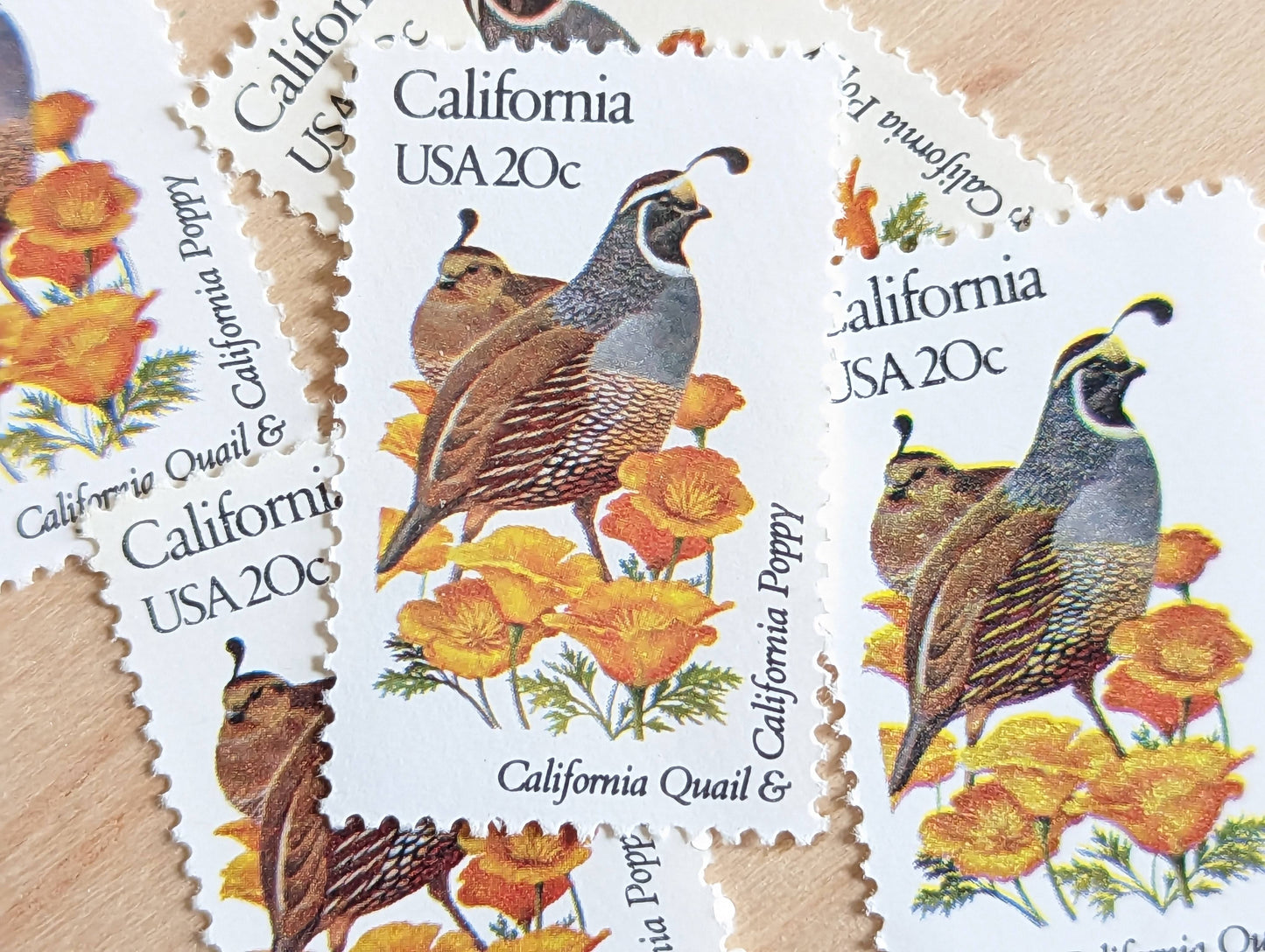 California State Stamp, Set of 5, Vintage Unused USPS 20 Cent Postage Stamps, State Bird and Flower, 1982, Gummed