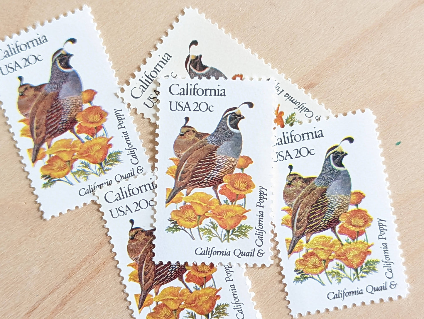 California State Stamp, Set of 5, Vintage Unused USPS 20 Cent Postage Stamps, State Bird and Flower, 1982, Gummed
