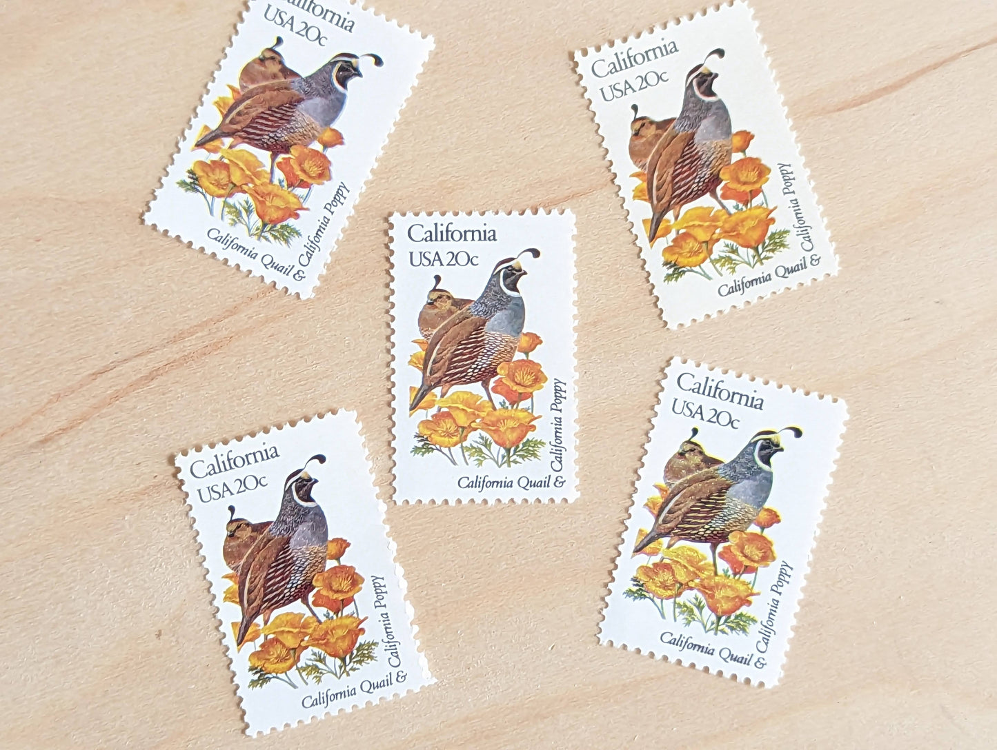 California State Stamp, Set of 5, Vintage Unused USPS 20 Cent Postage Stamps, State Bird and Flower, 1982, Gummed