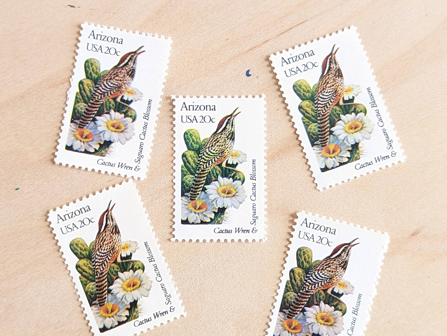 Arizona State Stamp, Set of 5, Vintage Unused USPS 20 Cent Postage Stamps, State Bird and Flower, 1982, Gummed