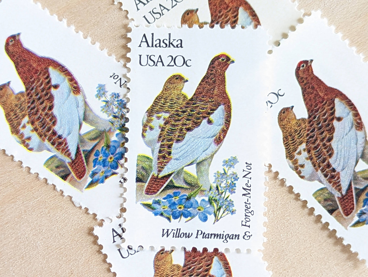 Alaska State Stamp, Set of 5, Vintage Unused USPS 20 Cent Postage Stamps, State Bird and Flower, 1982, Gummed