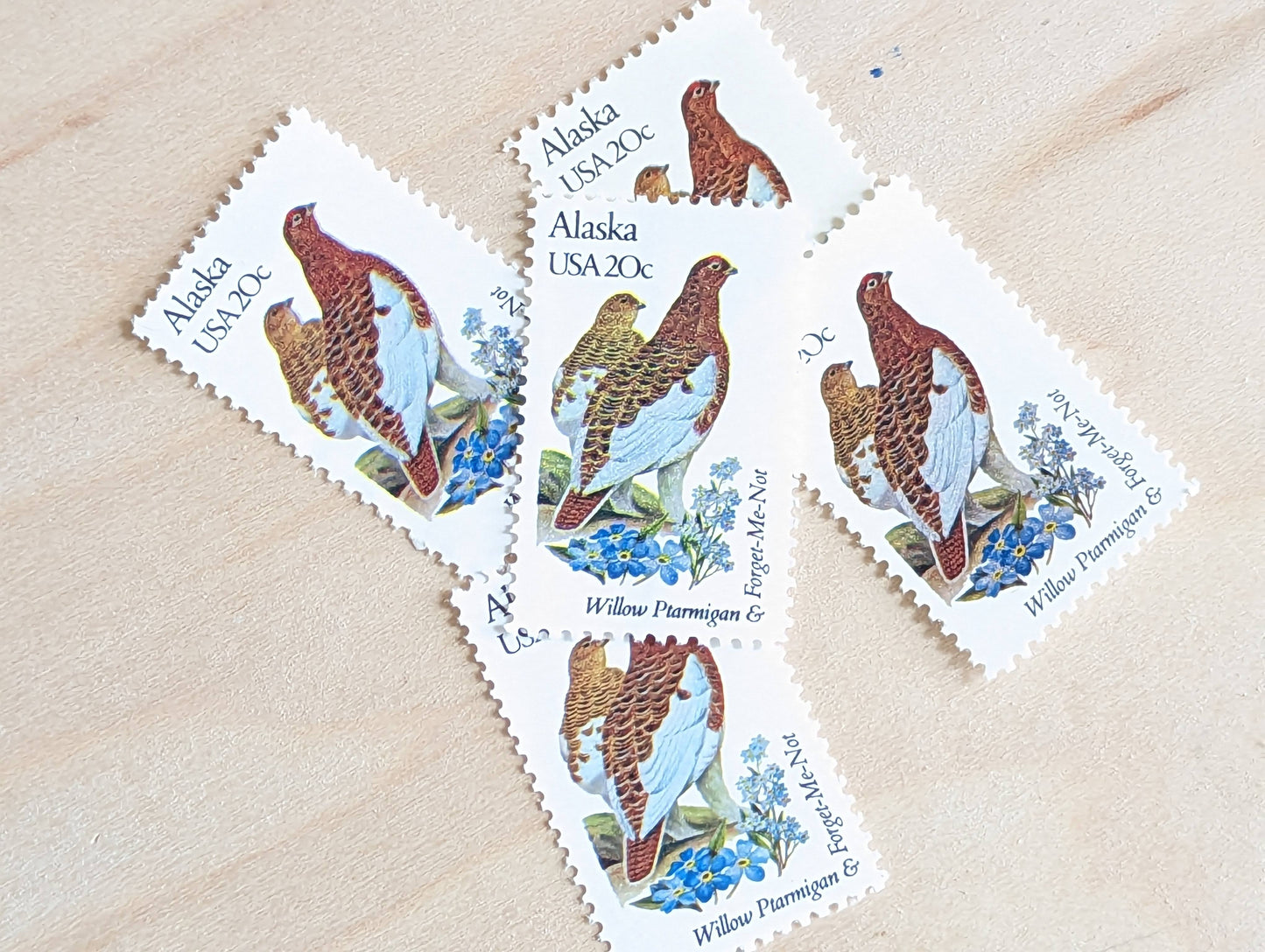 Alaska State Stamp, Set of 5, Vintage Unused USPS 20 Cent Postage Stamps, State Bird and Flower, 1982, Gummed