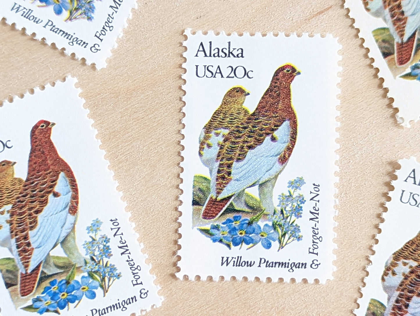 Alaska State Stamp, Set of 5, Vintage Unused USPS 20 Cent Postage Stamps, State Bird and Flower, 1982, Gummed