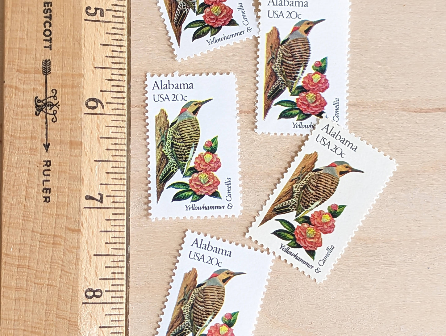 Alabama State Stamp, Set of 5, Vintage Unused USPS 20 Cent Postage Stamps, State Bird and Flower, 1982, Gummed