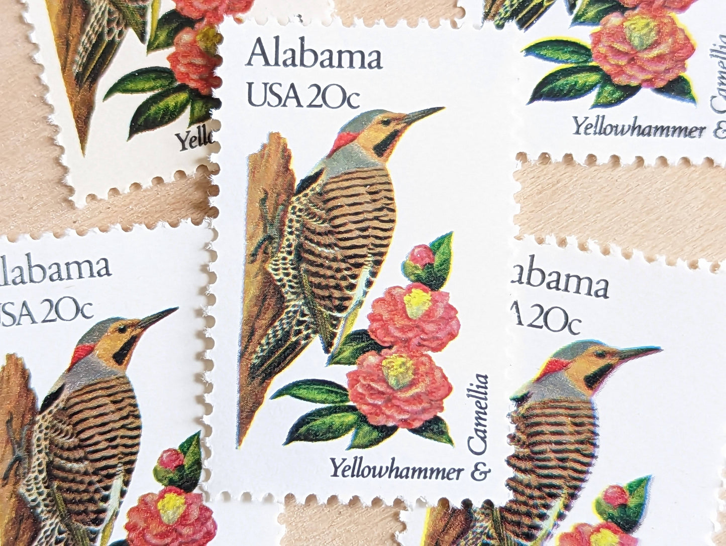 Alabama State Stamp, Set of 5, Vintage Unused USPS 20 Cent Postage Stamps, State Bird and Flower, 1982, Gummed