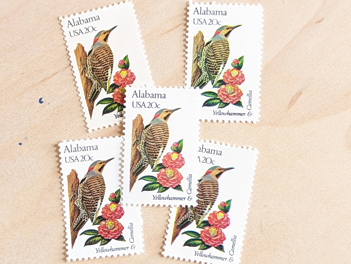 Alabama State Stamp, Set of 5, Vintage Unused USPS 20 Cent Postage Stamps, State Bird and Flower, 1982, Gummed