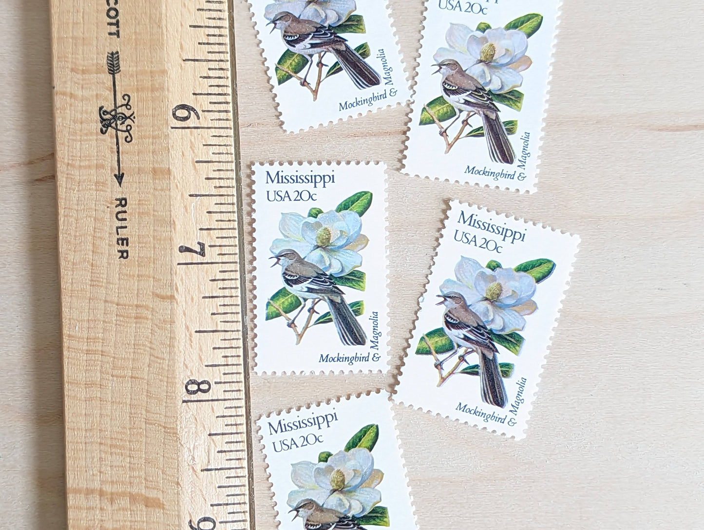 Mississippi State Stamp, Set of 5, Vintage Unused USPS 20 Cent Postage Stamps, State Bird and Flower, 1982, Gummed