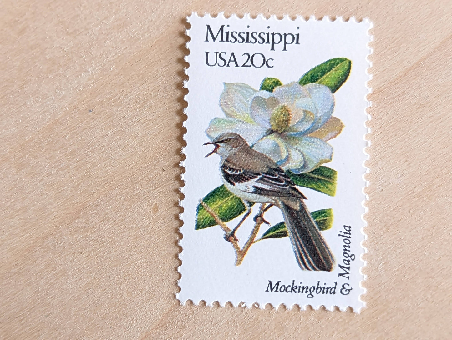 Mississippi State Stamp, Set of 5, Vintage Unused USPS 20 Cent Postage Stamps, State Bird and Flower, 1982, Gummed
