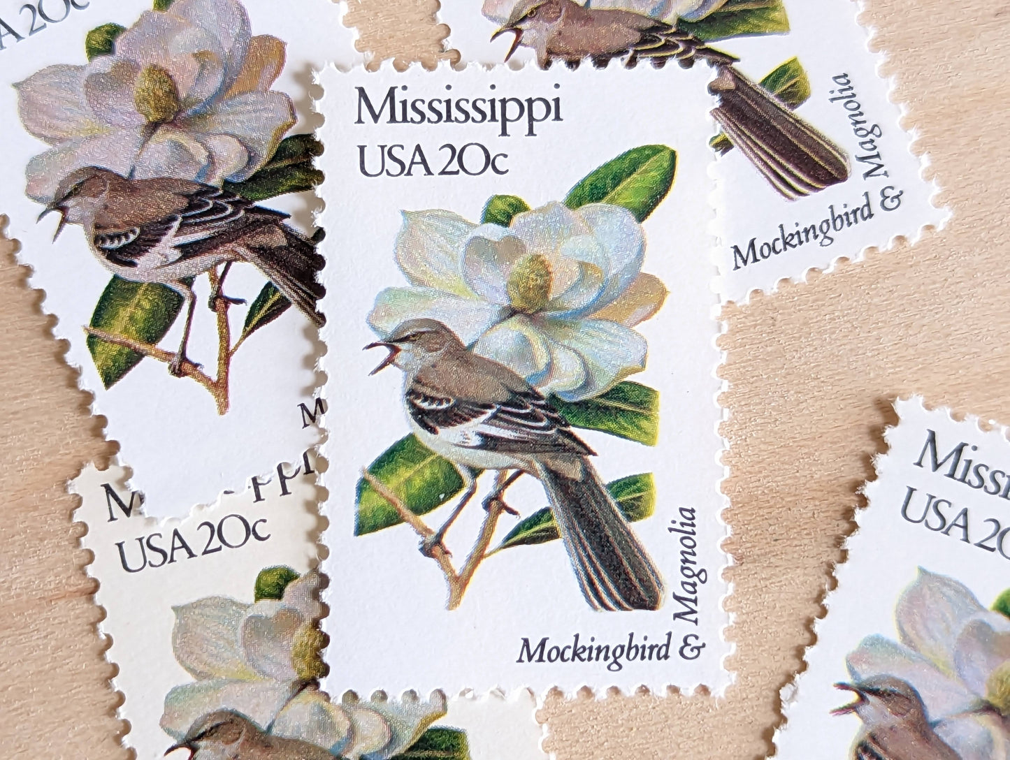 Mississippi State Stamp, Set of 5, Vintage Unused USPS 20 Cent Postage Stamps, State Bird and Flower, 1982, Gummed