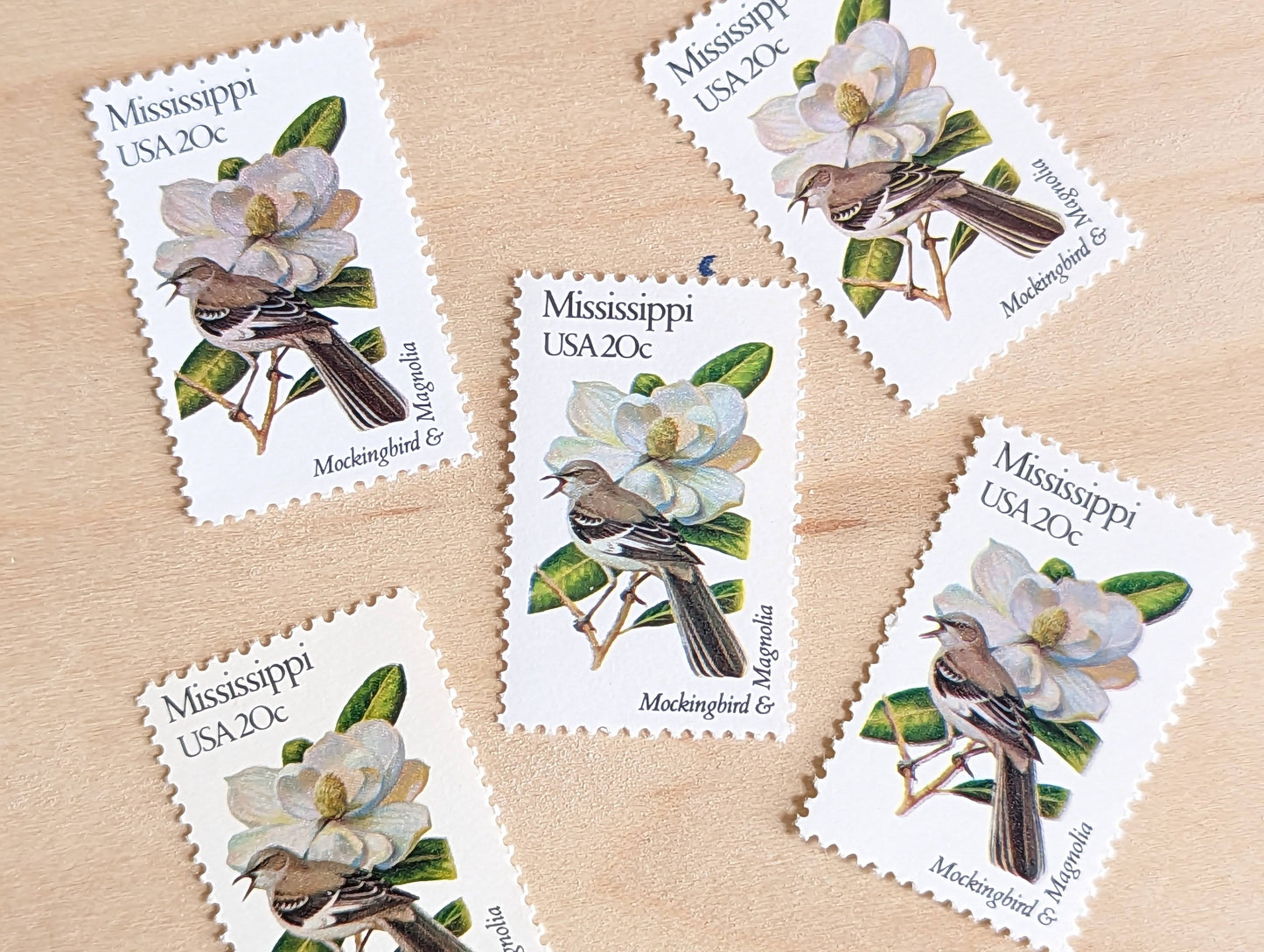Mississippi State Stamp, Set of 5, Vintage Unused USPS 20 Cent Postage Stamps, State Bird and Flower, 1982, Gummed