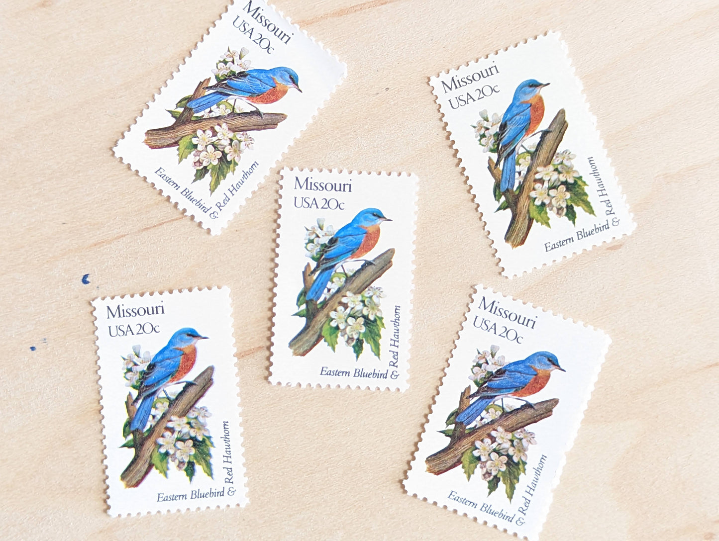 Missouri State Stamp, Set of 5, Vintage Unused USPS 20 Cent Postage Stamps, State Bird and Flower, 1982, Gummed