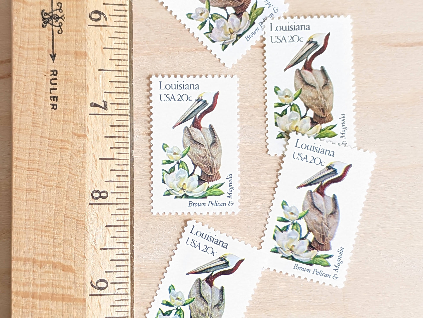 louisiana State Stamp, Set of 5, Vintage Unused USPS 20 Cent Postage Stamps, State Bird and Flower, 1982, Gummed