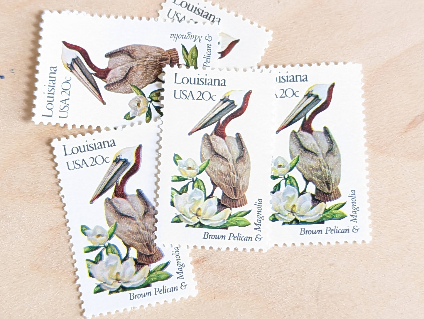 louisiana State Stamp, Set of 5, Vintage Unused USPS 20 Cent Postage Stamps, State Bird and Flower, 1982, Gummed