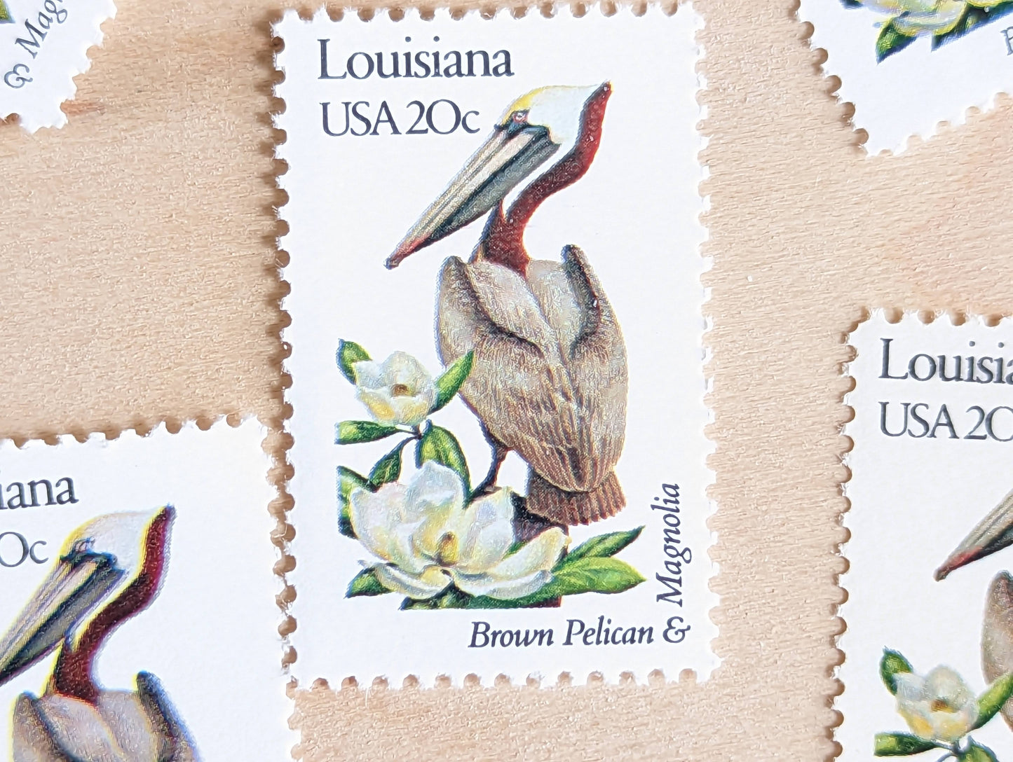 louisiana State Stamp, Set of 5, Vintage Unused USPS 20 Cent Postage Stamps, State Bird and Flower, 1982, Gummed