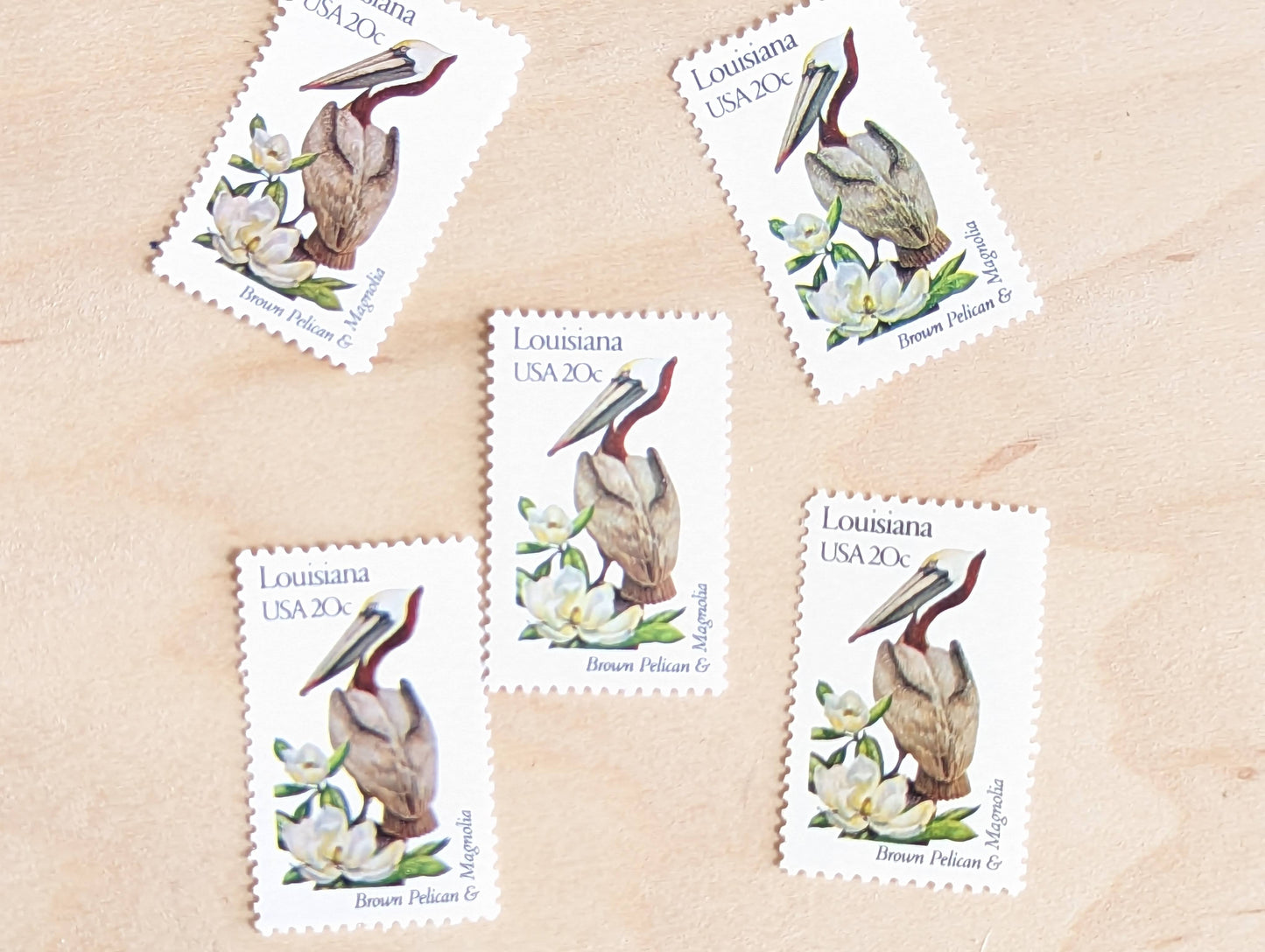 louisiana State Stamp, Set of 5, Vintage Unused USPS 20 Cent Postage Stamps, State Bird and Flower, 1982, Gummed