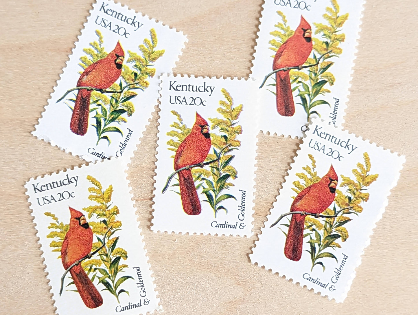 Kentucky State Stamp, Set of 5, Vintage Unused USPS 20 Cent Postage Stamps, State Bird and Flower, 1982, Gummed