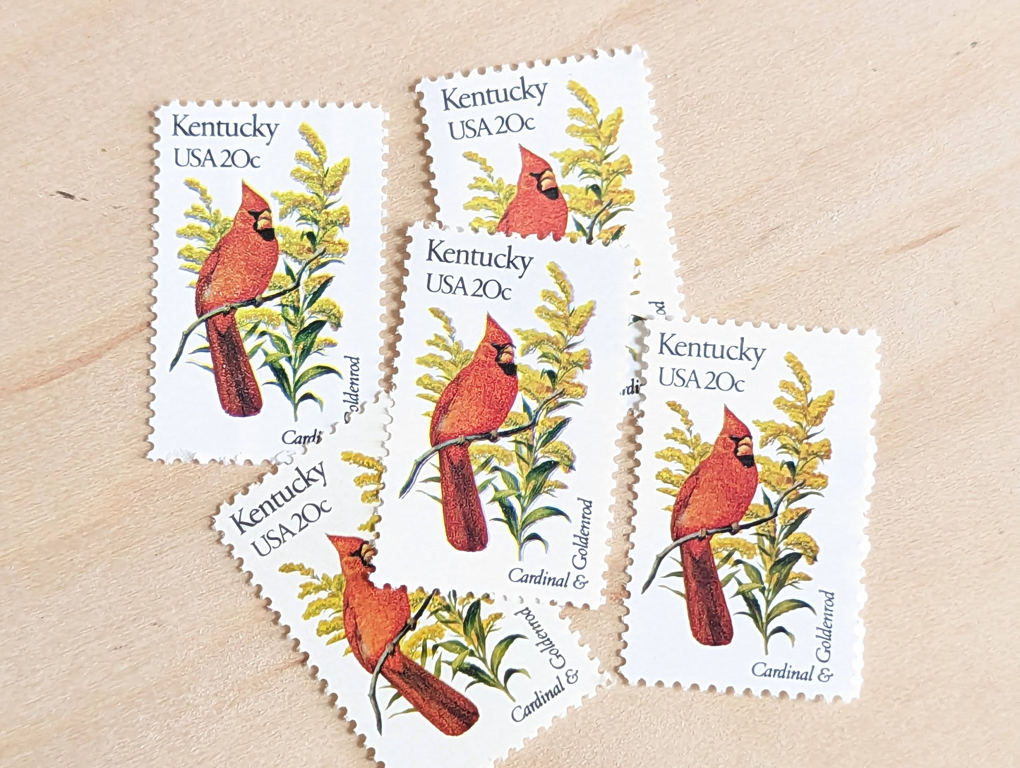 Kentucky State Stamp, Set of 5, Vintage Unused USPS 20 Cent Postage Stamps, State Bird and Flower, 1982, Gummed